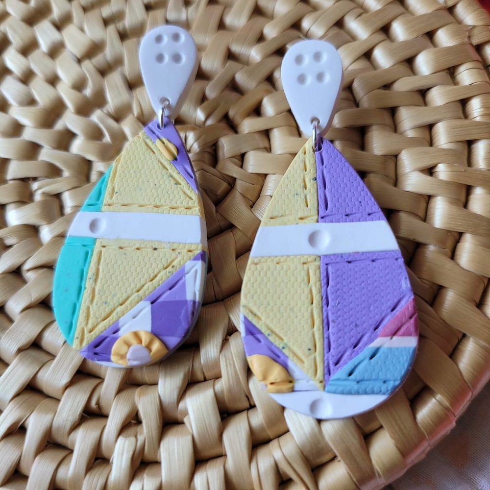 Patchwork Quilt Earrings Polymer Clay Teardrop - Picture 2 of 4